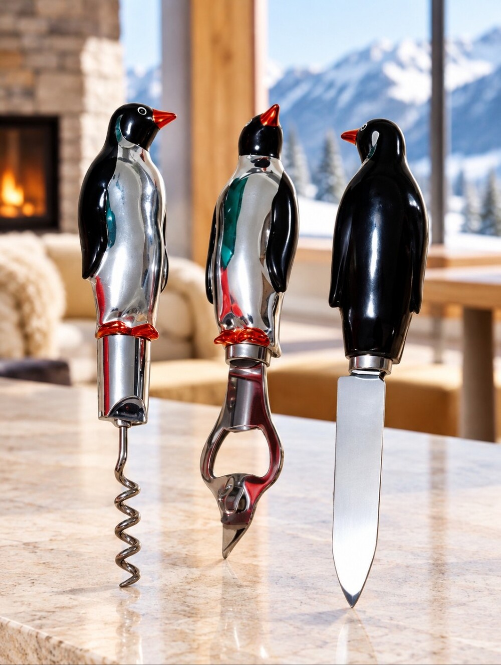 Boston Warehouse On Ice Penguin Barware Set Corkscrew Opener Knife 3 Pc